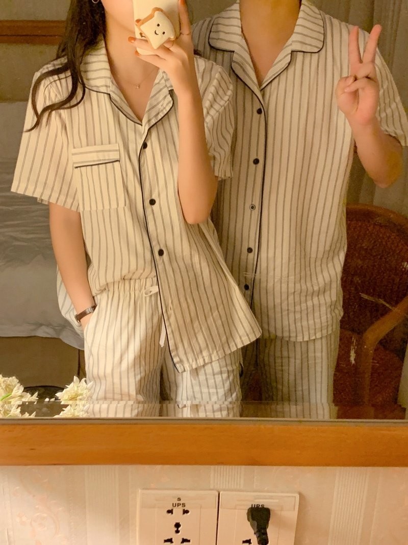 더블리 커플 남녀공용 빅사이즈 스트라이프 커플 파자마 여름 잠옷 홈웨어 세트