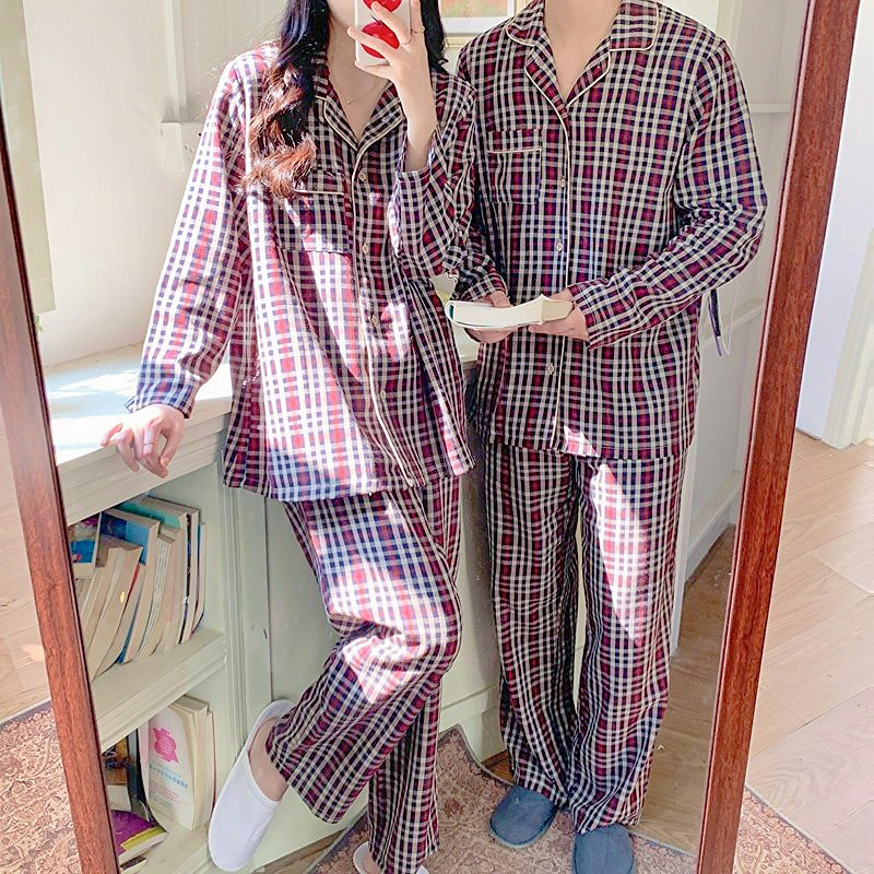 아리아나set 폴링체크 남성 여성 커플 홈웨어 파자마 긴팔 긴바지 투피스 잠옷 2세트