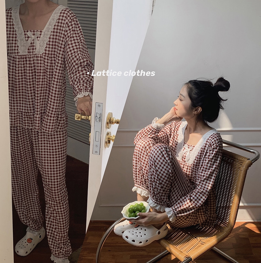 당일발송 아리아키set 러블리체크 루즈핏 긴팔 긴바지 홈웨어 잠옷세트 2color