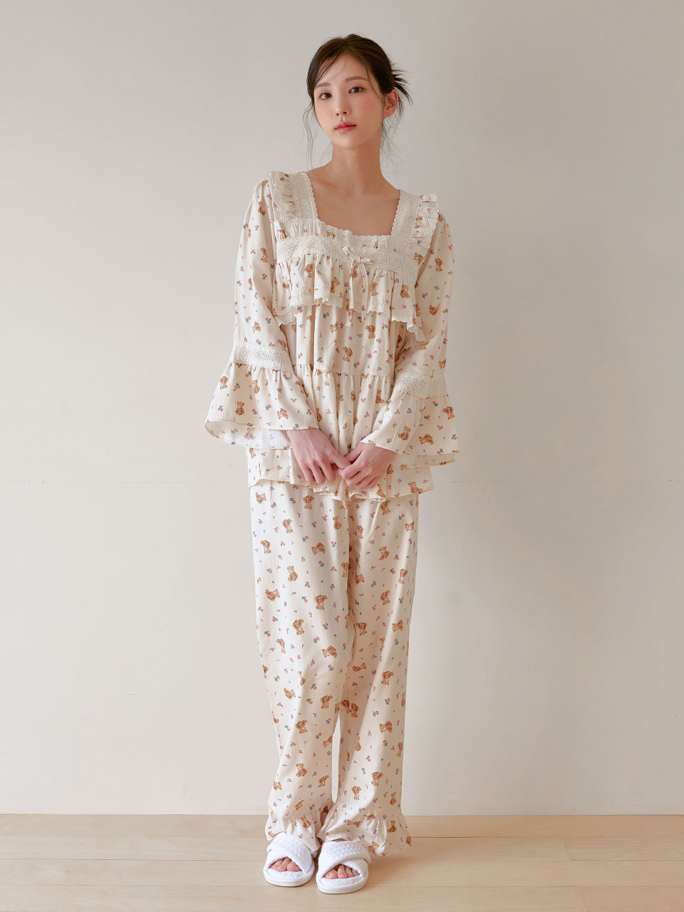 솔티set 플라워베어 포근 러블리 레이스 투피스 파자마 홈웨어 잠옷세트