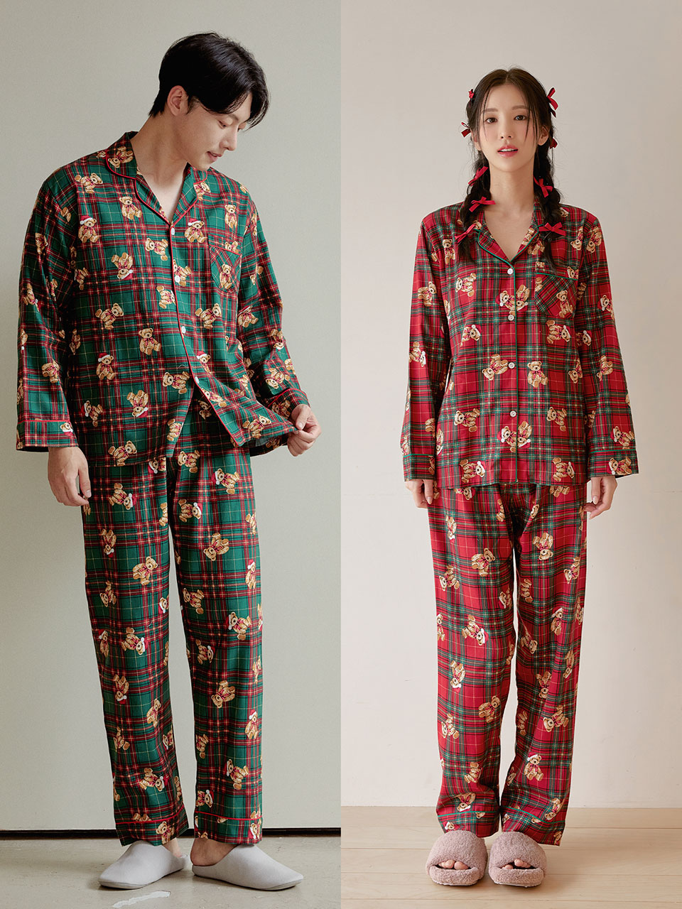 루어스 커플 크리스마스 체크 베어 기모코튼 긴소매 파자마 홈웨어 잠옷세트 그린 레드