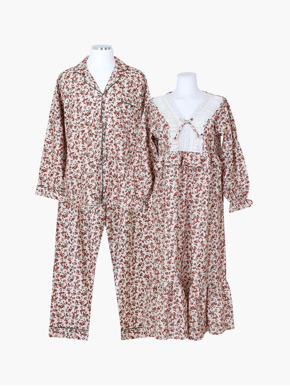 뉴어 브이넥 플로럴 기모 코튼 겨울 파자마 커플 홈웨어 남녀공용 프리미엄 잠옷 세트