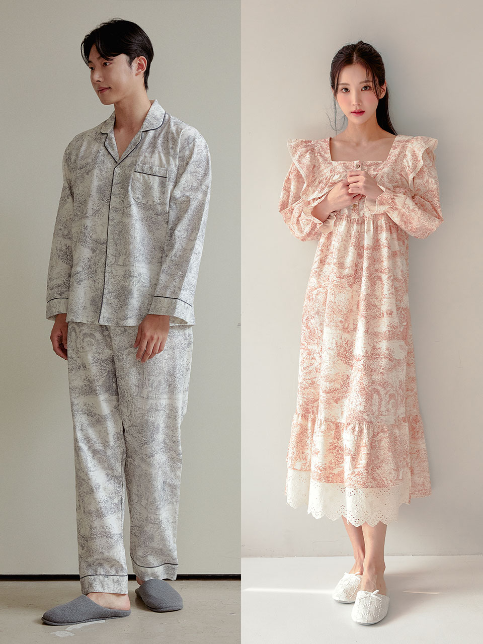 소니아 플로럴 레이스 모티브 커플 원피스 홈웨어 여성 남성 파자마 남녀공용 잠옷세트