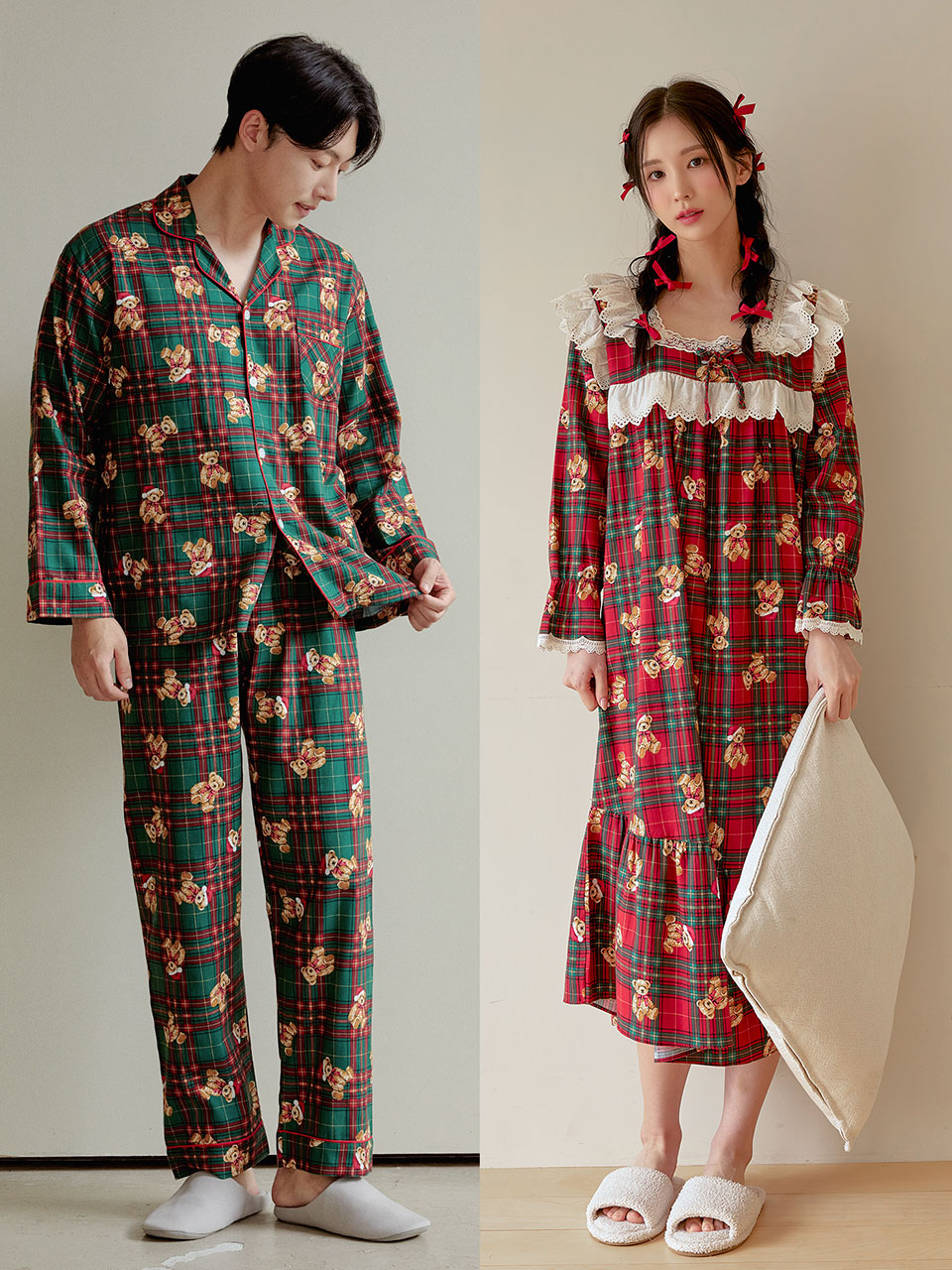 러빈잇 크리스마스 겨울 체크 커플 홈웨어 기모코튼 원피스 남녀공용 파자마 남성 여성 잠옷세트