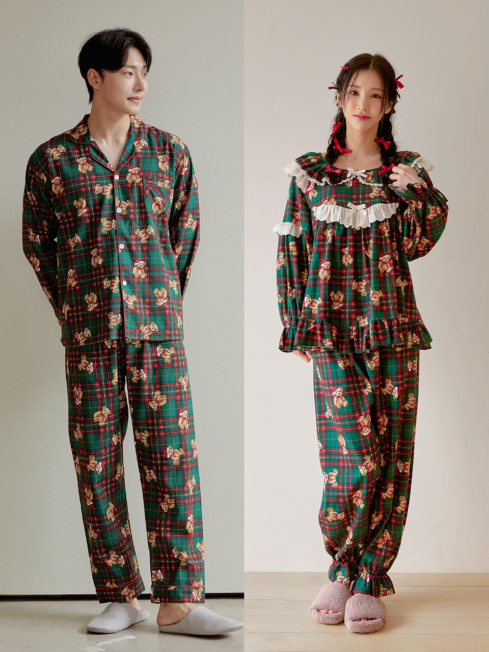 페일스 크리스마스 그린체크 커플 곰돌이 홈웨어 투피스 남녀공용 파자마 남성 여성 팬츠 잠옷세트