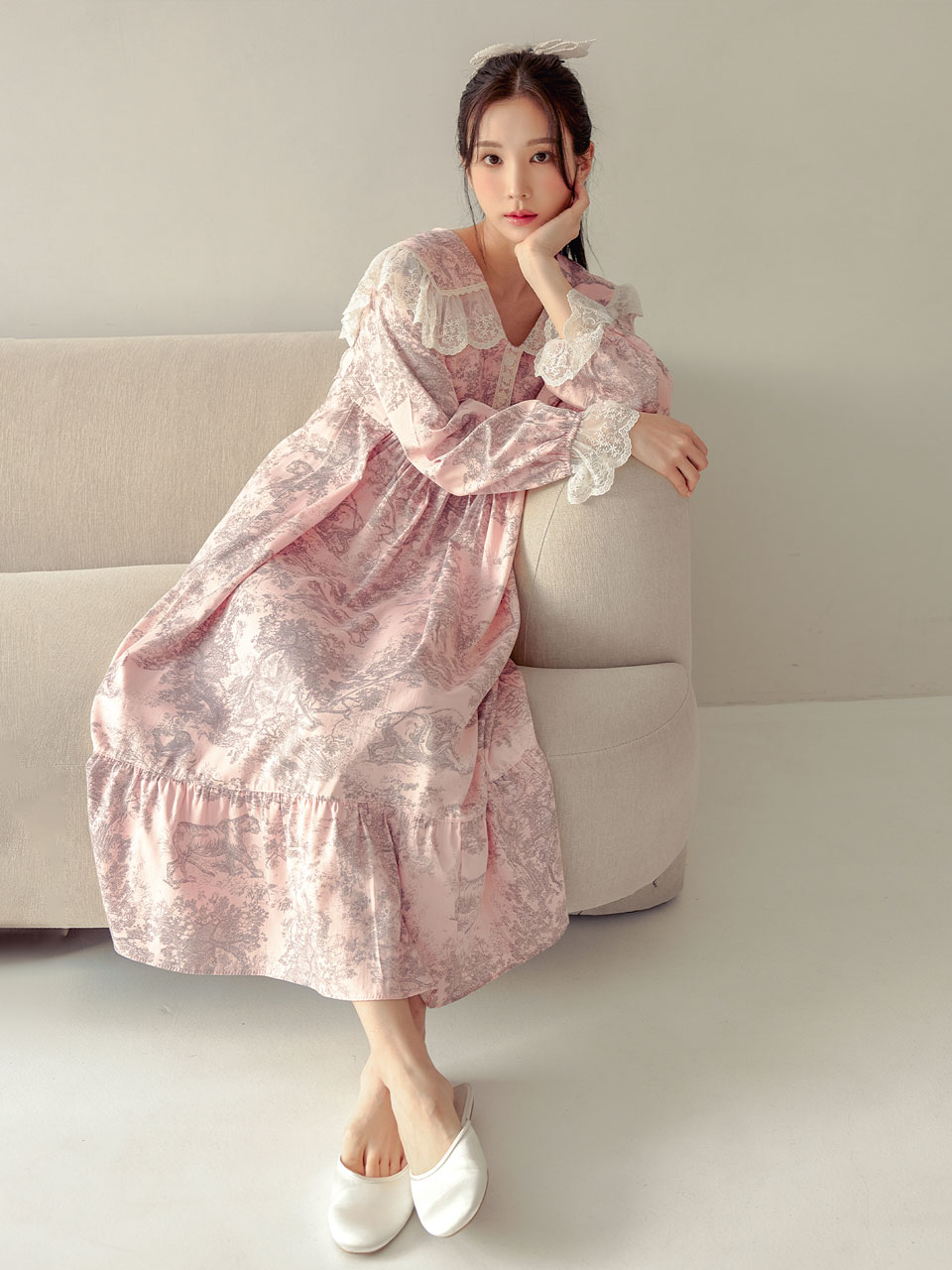 에비뉴 우아한 모달코튼 실키 레이스 홈웨어 여성 파자마 잠옷 핑크 드레스 원피스