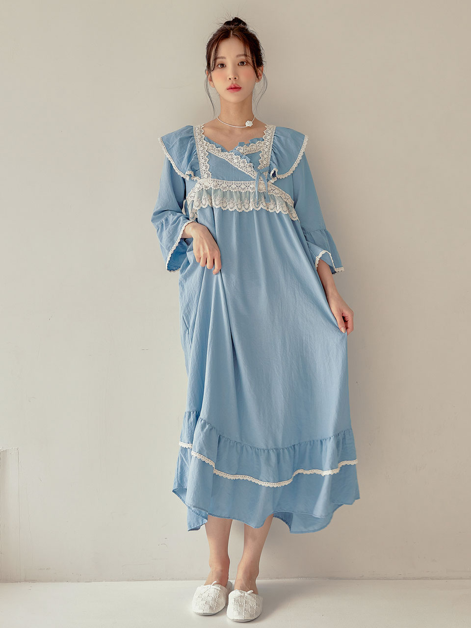 오디세이 우아한 러블리 샌드워싱 홈웨어 레이스 롱원피스 파자마 드레스 2color
