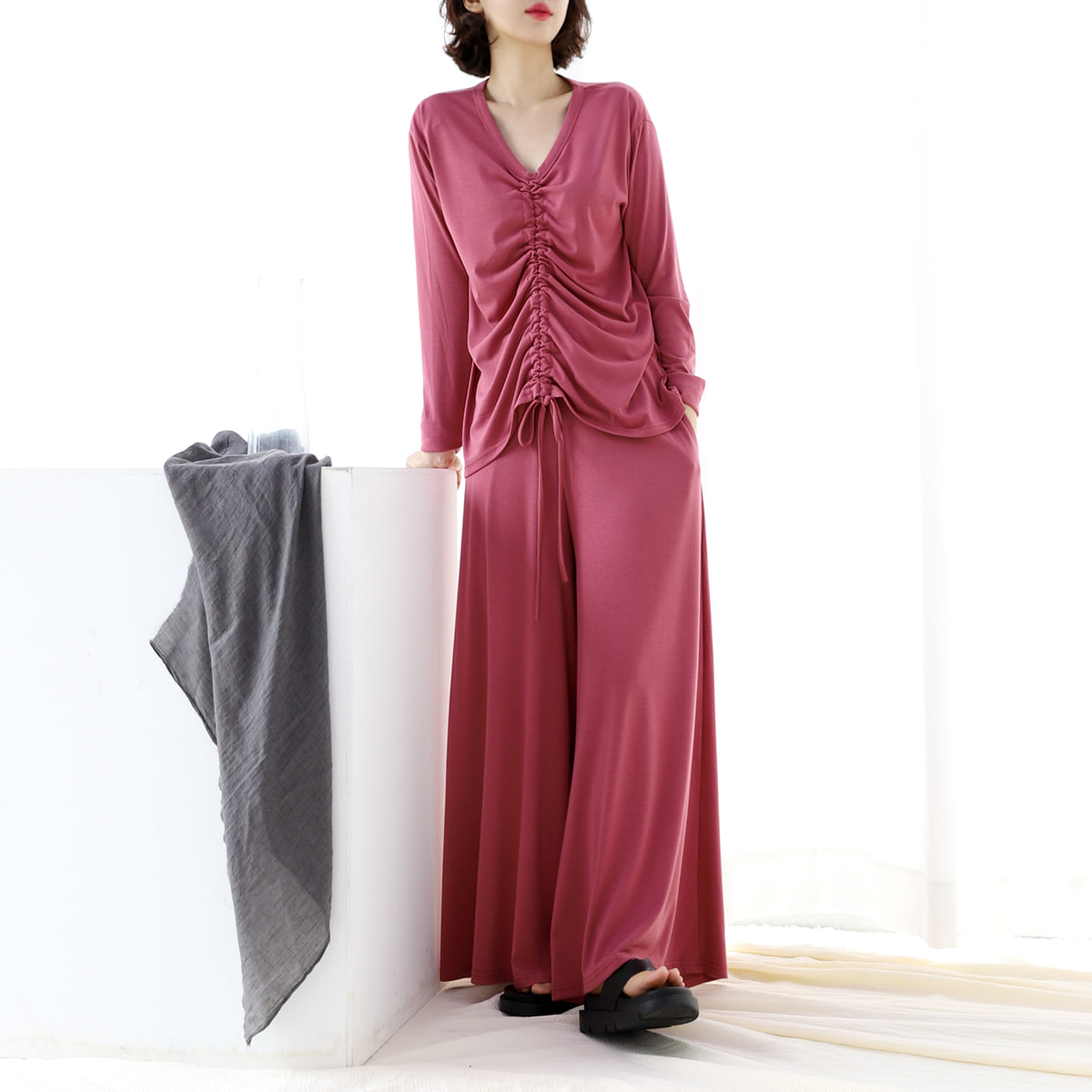 마웬set 브이넥 셔링 허리복대형 와이드 통바지 팬츠 임부복 투피스 코디세트 봄옷 3color