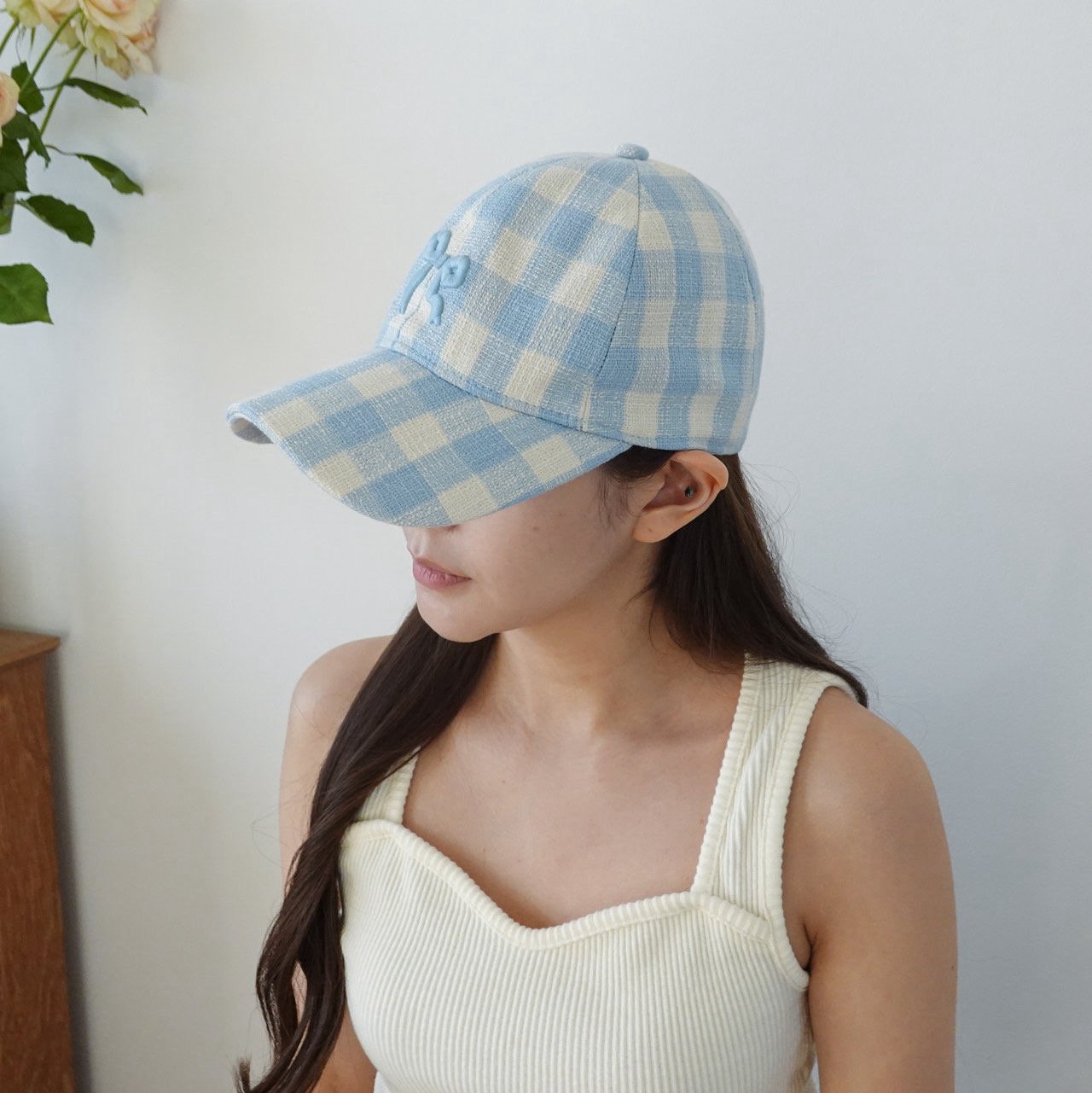 로피어 체크 리본 볼캡 모자 2color 핑크 블루