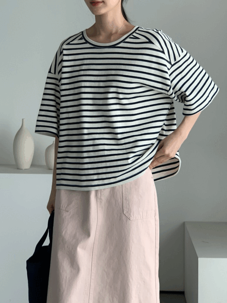 미트린t 탄탄 코튼 아웃핏 루즈한 단가라 코튼 여름 반팔 티셔츠 4color