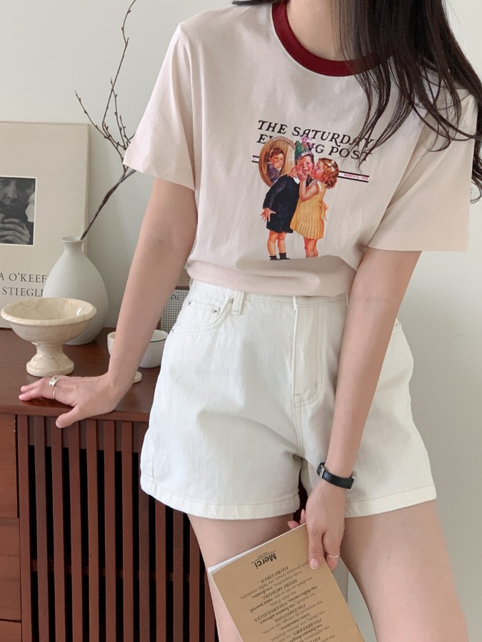 아일리t 빈티지 나염 배색 라운드 여름 반팔 티셔츠 2color