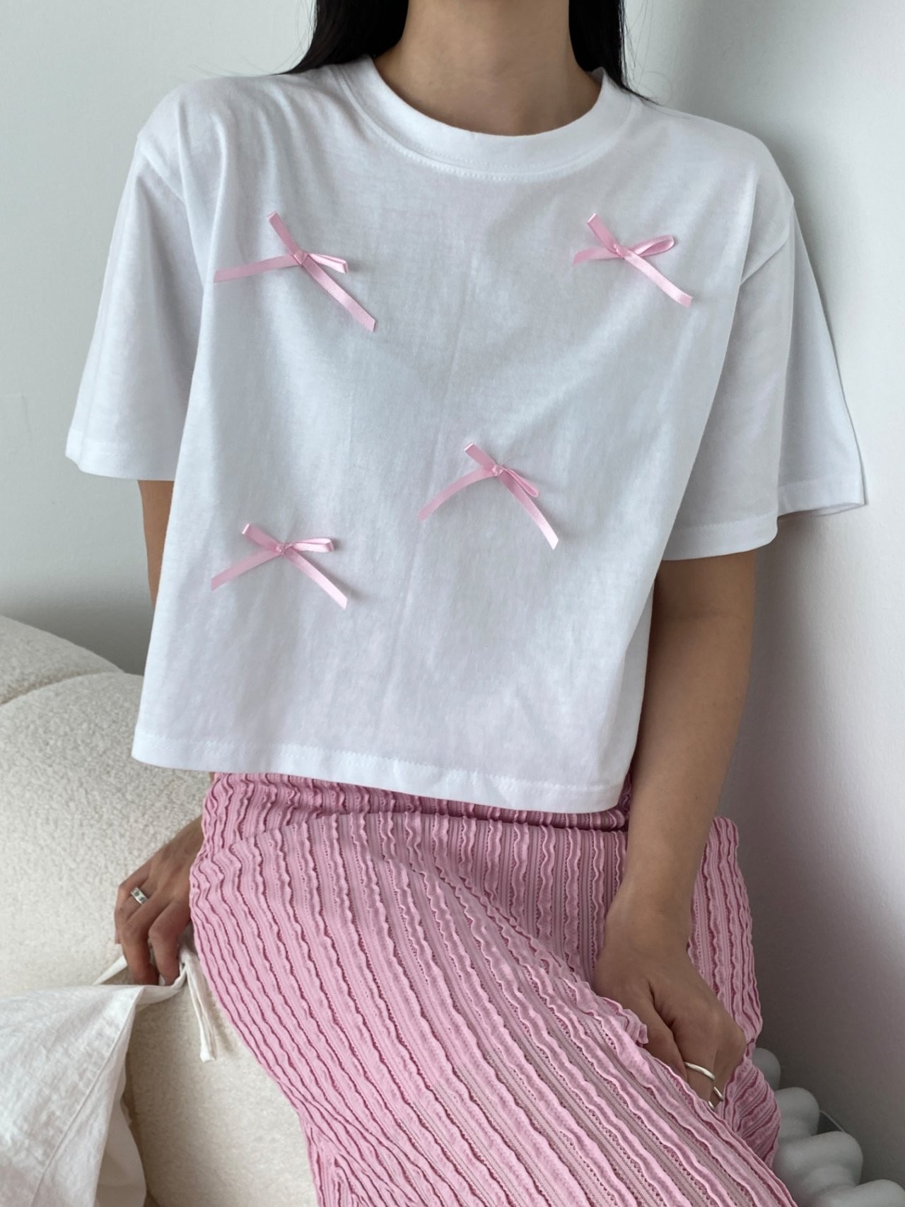 라리t 핑크 리본코어 여름 반팔 티셔츠 2color